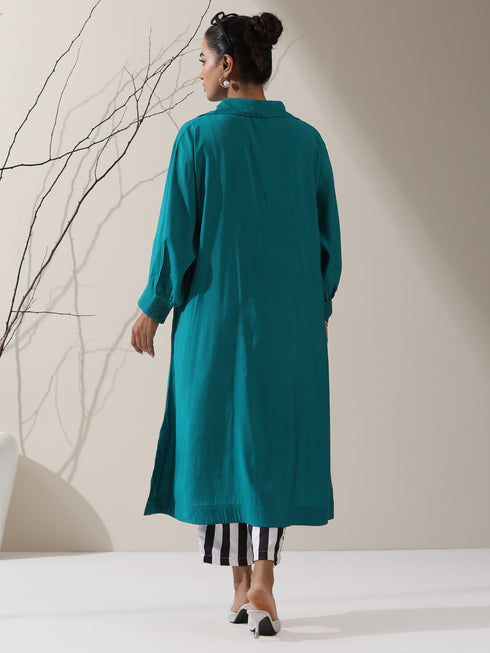 Women's Teal AirSkin Oversized Dress Shirt with Adjustable Sleeves & Striped Pants | 2 Pc Set, Relaxed Ethnic Co-ord, Cool & Contemporary Wear
