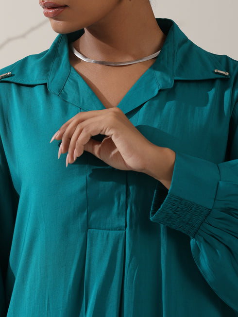 Women's Teal AirSkin Oversized Dress Shirt with Adjustable Sleeves & Striped Pants | 2 Pc Set, Relaxed Ethnic Co-ord, Cool & Contemporary Wear