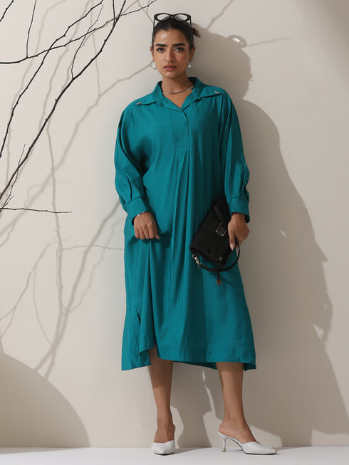 Women's Teal AirSkin Oversized Dress Shirt with Adjustable Sleeves & Striped Pants | 2 Pc Set, Relaxed Ethnic Co-ord, Cool & Contemporary Wear