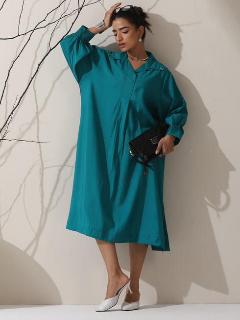 Women's Teal AirSkin Oversized Dress Shirt with Adjustable Sleeves & Striped Pants | 2 Pc Set, Relaxed Ethnic Co-ord, Cool & Contemporary Wear