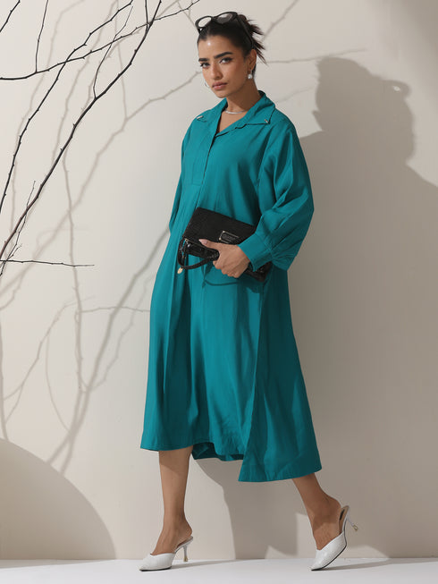 Women's Teal AirSkin Oversized Dress Shirt with Adjustable Sleeves & Striped Pants | 2 Pc Set, Relaxed Ethnic Co-ord, Cool & Contemporary Wear