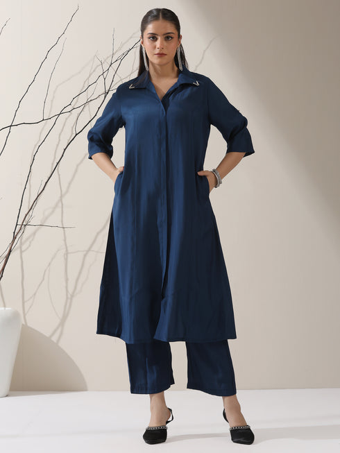 Women's Navy AirSkin Kurta with Pointed Collar, Roll-Up Sleeves & Pants | 2 Pc Set, Lightweight Ethnic Co-ord, Modern Wear