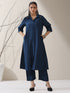 Women's Navy AirSkin Kurta with Pointed Collar, Roll-Up Sleeves & Pants | 2 Pc Set, Lightweight Ethnic Co-ord, Modern Wear