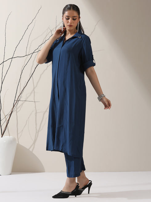Women's Navy AirSkin Kurta with Pointed Collar, Roll-Up Sleeves & Pants | 2 Pc Set, Lightweight Ethnic Co-ord, Modern Wear