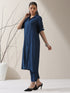 Women's Navy AirSkin Kurta with Pointed Collar, Roll-Up Sleeves & Pants | 2 Pc Set, Lightweight Ethnic Co-ord, Modern Wear