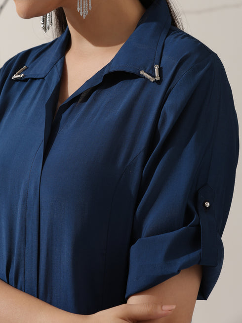 Women's Navy AirSkin Kurta with Pointed Collar, Roll-Up Sleeves & Pants | 2 Pc Set, Lightweight Ethnic Co-ord, Modern Wear