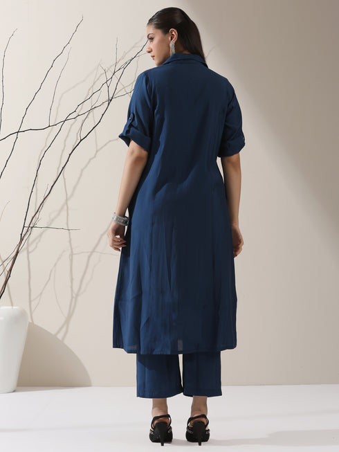 Women's Navy AirSkin Kurta with Pointed Collar, Roll-Up Sleeves & Pants | 2 Pc Set, Lightweight Ethnic Co-ord, Modern Wear