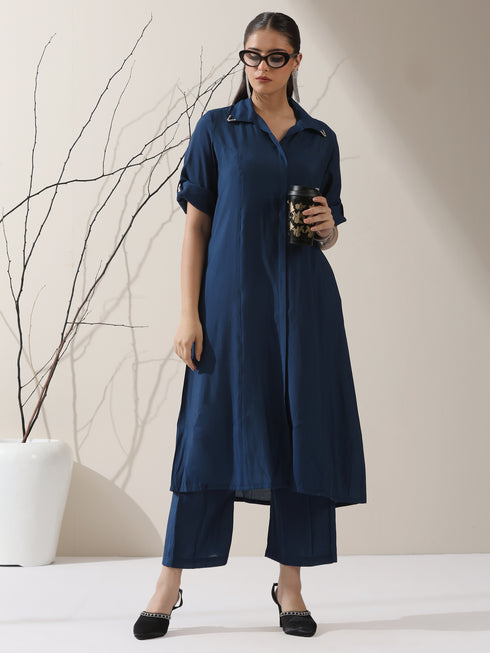 Women's Navy AirSkin Kurta with Pointed Collar, Roll-Up Sleeves & Pants | 2 Pc Set, Lightweight Ethnic Co-ord, Modern Wear