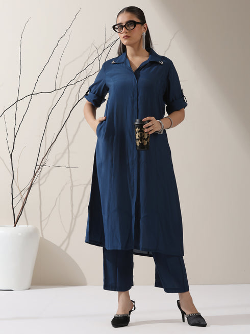 Women's Navy AirSkin Kurta with Pointed Collar, Roll-Up Sleeves & Pants | 2 Pc Set, Lightweight Ethnic Co-ord, Modern Wear