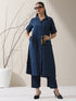 Women's Navy AirSkin Kurta with Pointed Collar, Roll-Up Sleeves & Pants | 2 Pc Set, Lightweight Ethnic Co-ord, Modern Wear