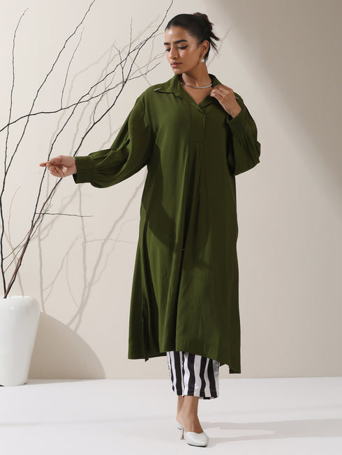 Women's Olive AirSkin Oversized Dress Shirt with Adjustable Sleeves & Striped Pants | 2 Pc Set, Relaxed Co-ord, Contemporary Fusion Wear