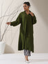 Women's Olive AirSkin Oversized Dress Shirt with Adjustable Sleeves & Striped Pants | 2 Pc Set, Relaxed Co-ord, Contemporary Fusion Wear