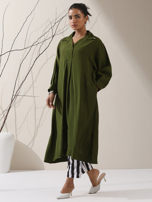 Women's Olive AirSkin Oversized Dress Shirt with Adjustable Sleeves & Striped Pants | 2 Pc Set, Relaxed Co-ord, Contemporary Fusion Wear