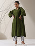 Women's Olive AirSkin Oversized Dress Shirt with Adjustable Sleeves & Striped Pants | 2 Pc Set, Relaxed Co-ord, Contemporary Fusion Wear