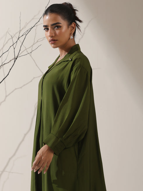 Women's Olive AirSkin Oversized Dress Shirt with Adjustable Sleeves & Striped Pants | 2 Pc Set, Relaxed Co-ord, Contemporary Fusion Wear
