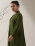 Women's Olive AirSkin Oversized Dress Shirt with Adjustable Sleeves & Striped Pants | 2 Pc Set, Relaxed Co-ord, Contemporary Fusion Wear
