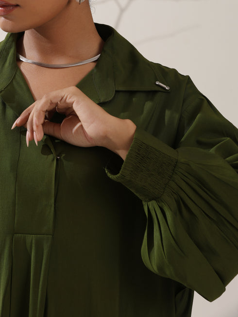 Women's Olive AirSkin Oversized Dress Shirt with Adjustable Sleeves & Striped Pants | 2 Pc Set, Relaxed Co-ord, Contemporary Fusion Wear