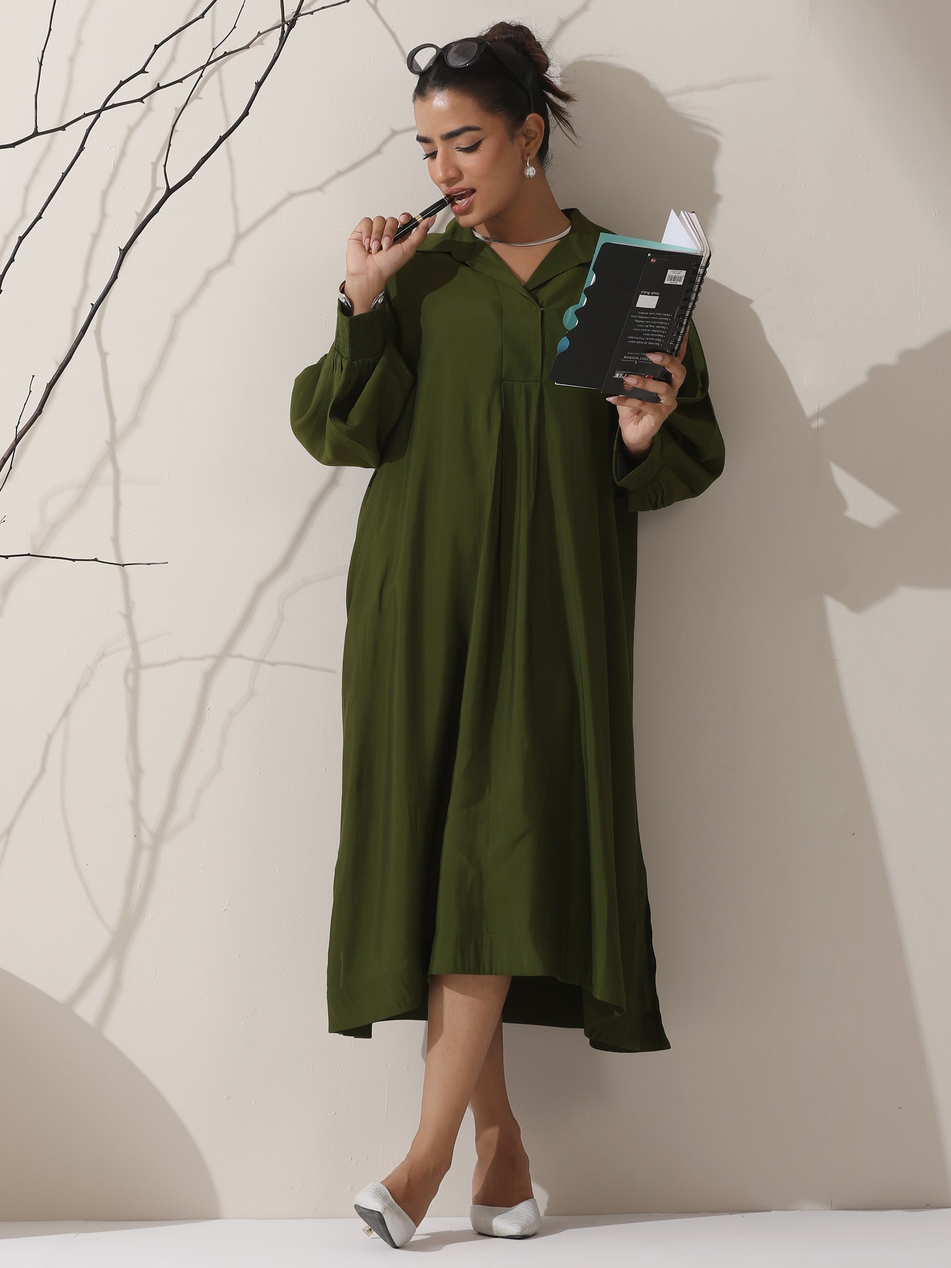 Women's Olive AirSkin Oversized Dress Shirt with Adjustable Sleeves | 1 Pc, Soft & Relaxed Fit, Effortless Everyday Wear