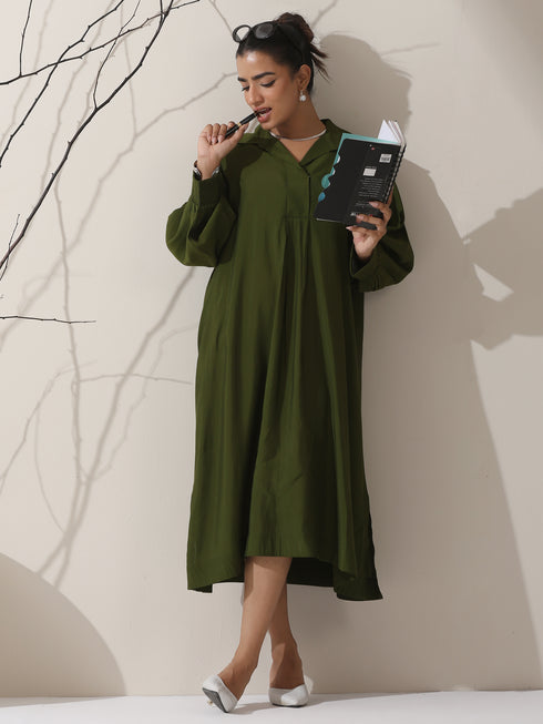 Women's Olive AirSkin Oversized Dress Shirt with Adjustable Sleeves | 1 Pc, Soft & Relaxed Fit, Effortless Everyday Wear