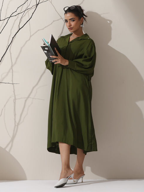 Women's Olive AirSkin Oversized Dress Shirt with Adjustable Sleeves | 1 Pc, Soft & Relaxed Fit, Effortless Everyday Wear