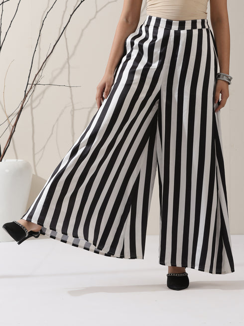 Women's Black Korean Zip Shirt with Printed Striped Palazzo | 2 Pc Set, Contemporary Co-ord, Chic Fusion Wear