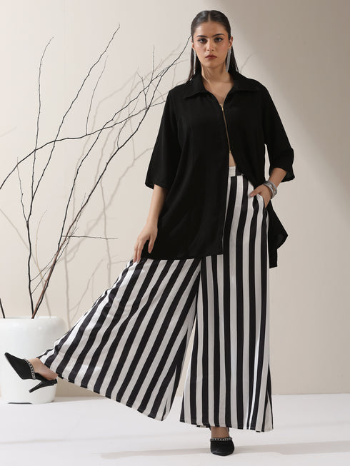 Women's Black Korean Style Zip Shirt | 1 Pc, Modern Co-ord, Sleek Contemporary Wear