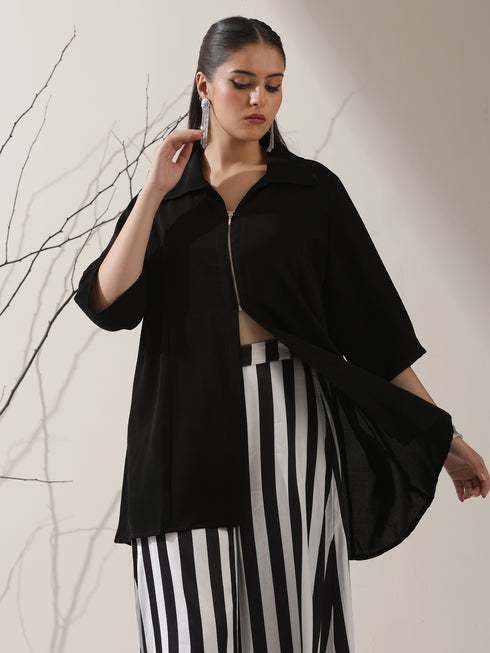 Women's Black Korean Zip Shirt with Printed Striped Palazzo | 2 Pc Set, Contemporary Co-ord, Chic Fusion Wear