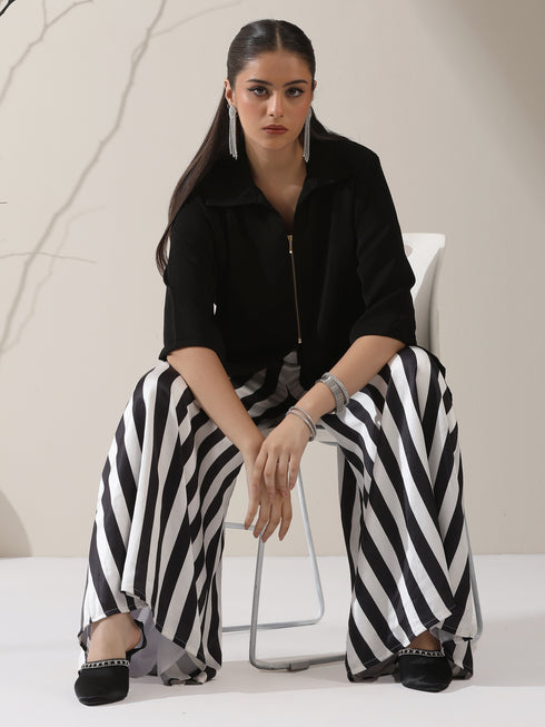 Women's Black Korean Zip Shirt with Printed Striped Palazzo | 2 Pc Set, Contemporary Co-ord, Chic Fusion Wear