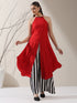 Women's Red AirSkin Halter Top with Black Beads & Printed Striped Palazzo | 2 Pc Set, Bold Fusion Co-ord, Lightweight Summer Wear