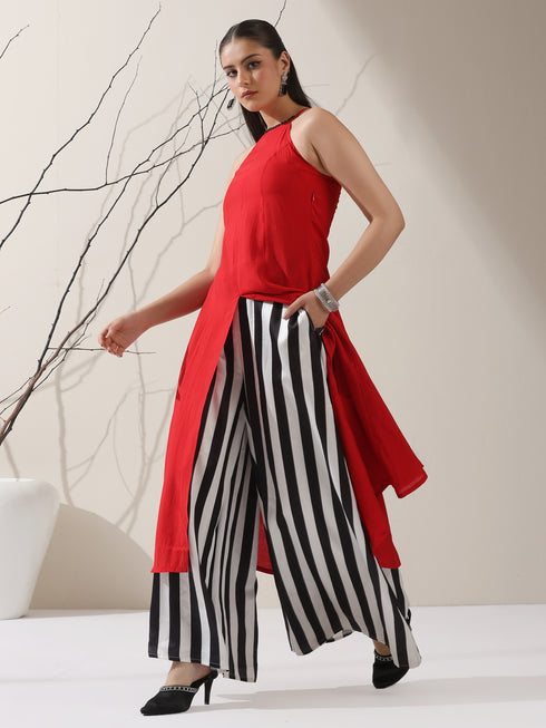Women's Red AirSkin Halter Top with Black Beads & Printed Striped Palazzo | 2 Pc Set, Bold Fusion Co-ord, Lightweight Summer Wear