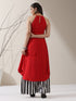 Women's Red AirSkin Halter Top with Black Beads & Printed Striped Palazzo | 2 Pc Set, Bold Fusion Co-ord, Lightweight Summer Wear