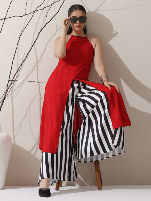 Women's Red AirSkin Halter Top with Black Beads & Printed Striped Palazzo | 2 Pc Set, Bold Fusion Co-ord, Lightweight Summer Wear