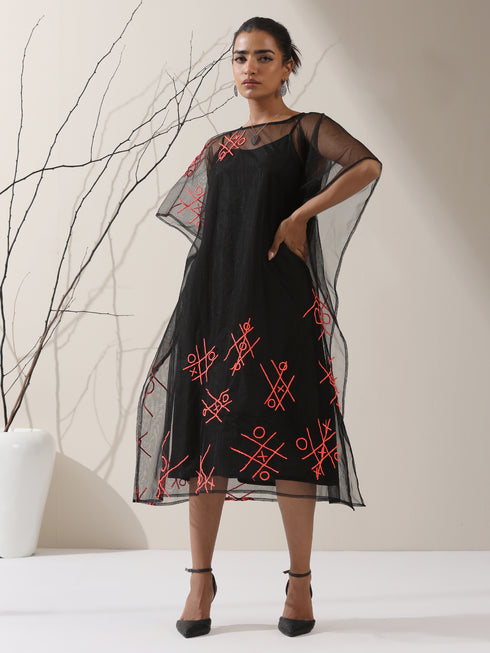 Women's Black Embroidered Net Overlay with Black Dress | 2 Pc Set, Noughts & Crosses Design, Elegant Layered Look