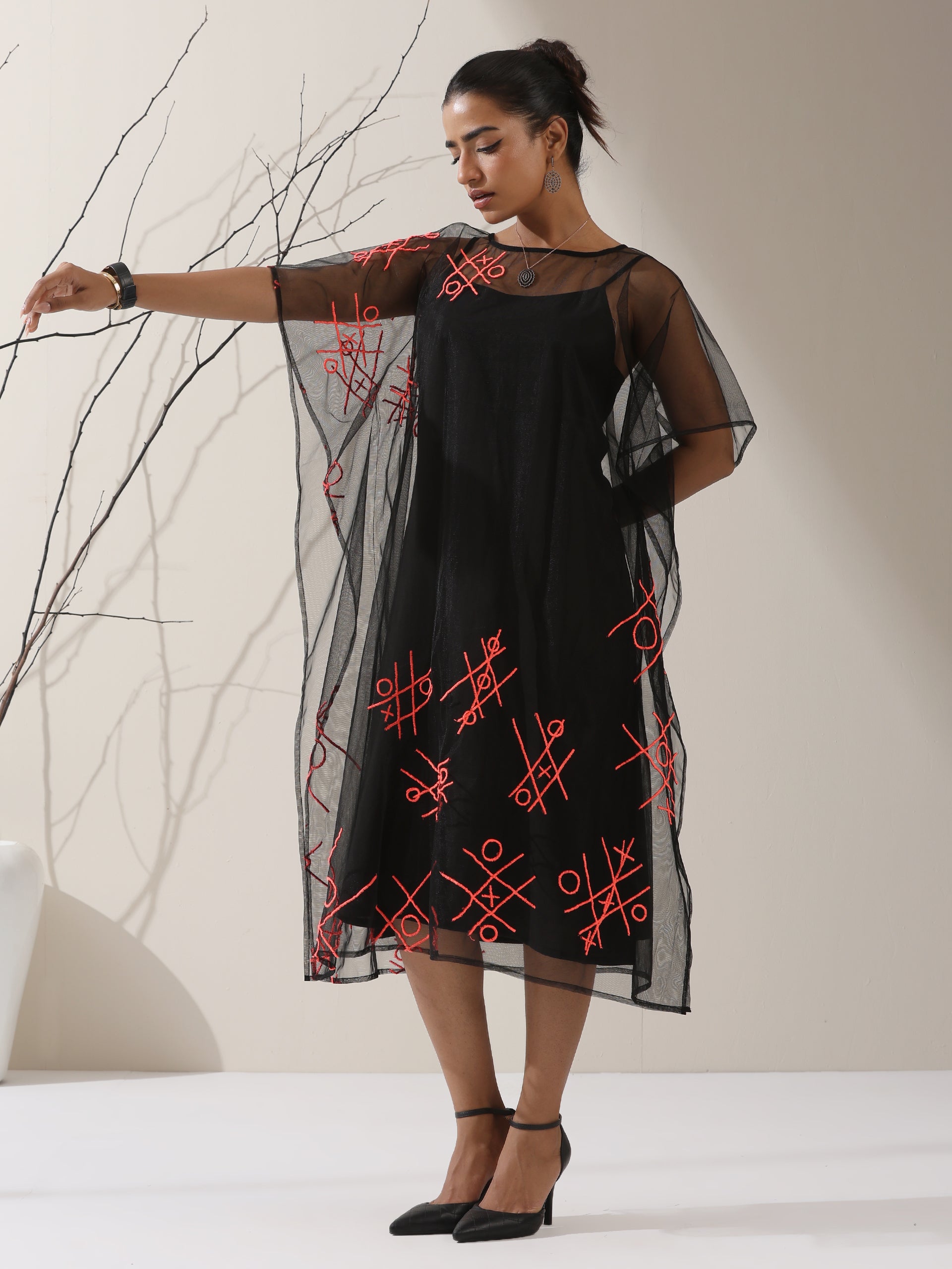 Women's Black Embroidered Net Overlay with Black Dress | 2 Pc Set, Noughts & Crosses Design, Elegant Layered Look