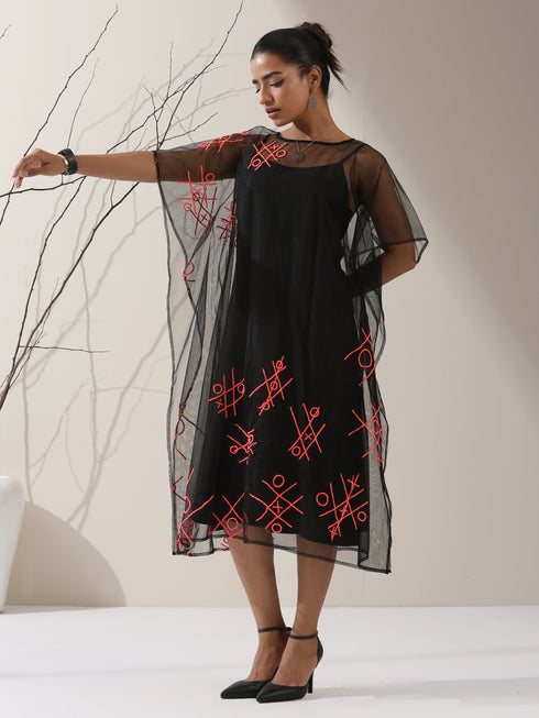 Women's Black Embroidered Net Overlay with Black Dress | 2 Pc Set, Noughts & Crosses Design, Elegant Layered Look