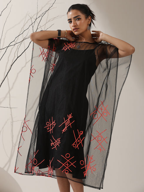 Women's Black Embroidered Net Overlay with Black Dress | 2 Pc Set, Noughts & Crosses Design, Elegant Layered Look