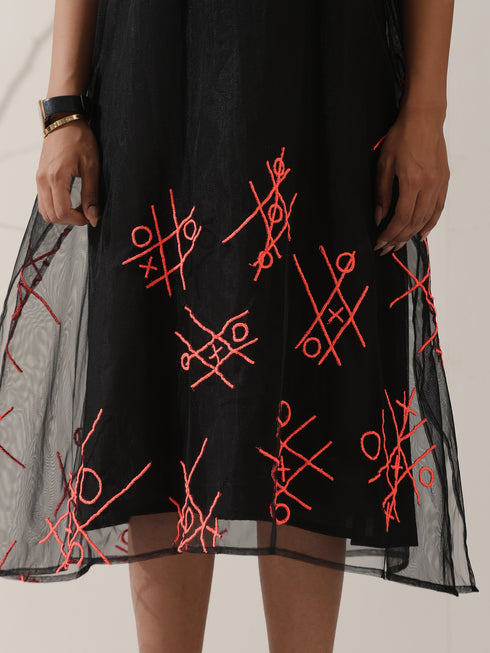 Women's Black Embroidered Net Overlay with Black Dress | 2 Pc Set, Noughts & Crosses Design, Elegant Layered Look