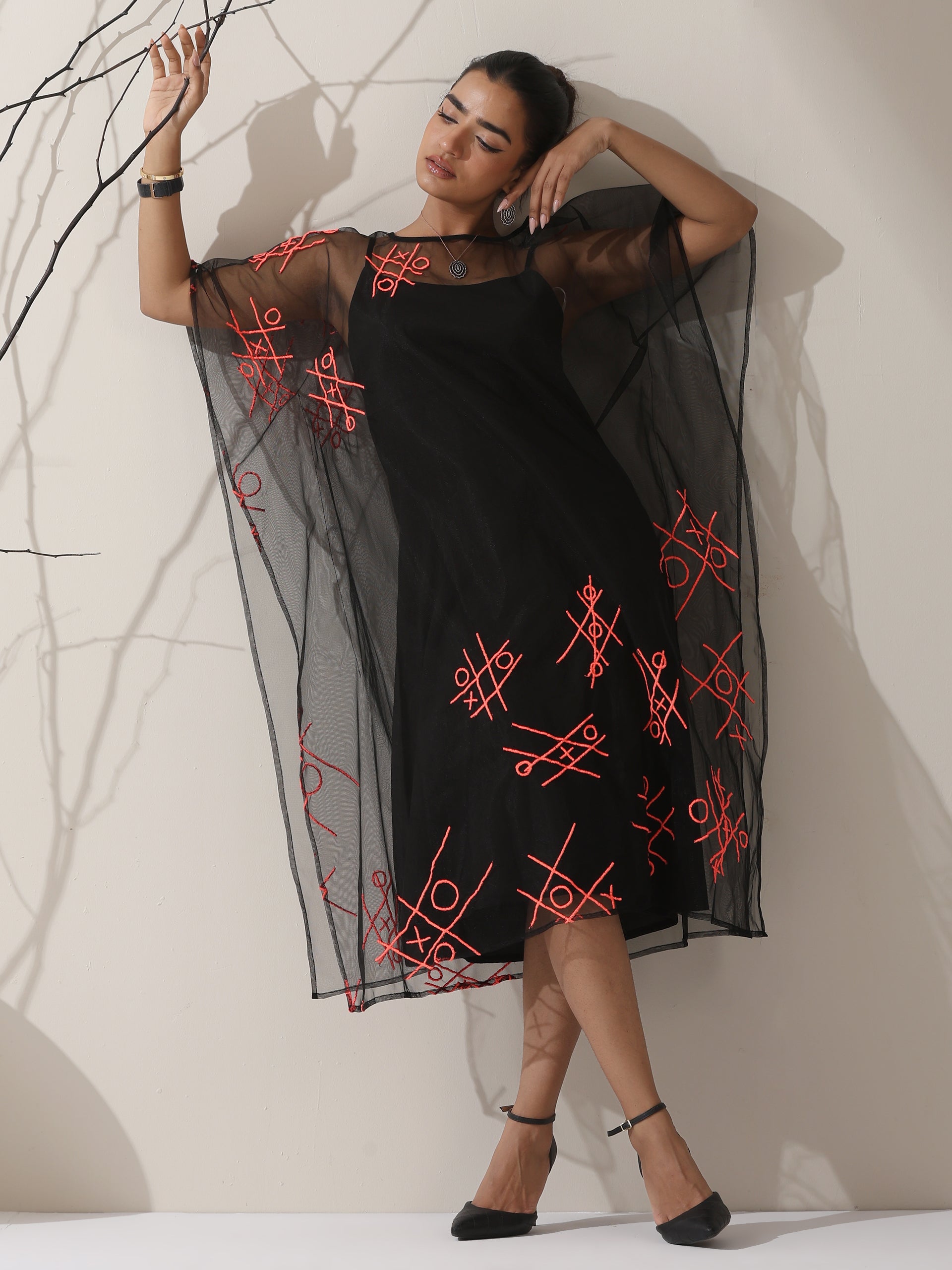 Women's Black Embroidered Net Overlay with Black Dress | 2 Pc Set, Noughts & Crosses Design, Elegant Layered Look