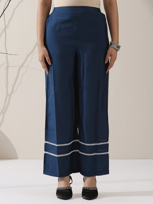 Women's Navy AirSkin V-Neck Kurta with Lace Insets & Pants | 2 Pc Set, Soft & Elegant Ethnic Co-ord, Comfortable Everyday Wear