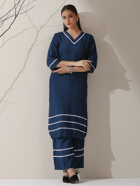 Women's Navy AirSkin V-Neck Kurta with Lace Insets & Pants | 2 Pc Set, Soft & Elegant Ethnic Co-ord, Comfortable Everyday Wear