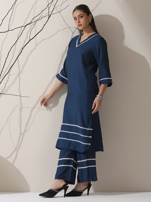 Women's Navy AirSkin V-Neck Kurta with Lace Insets & Pants | 2 Pc Set, Soft & Elegant Ethnic Co-ord, Comfortable Everyday Wear