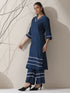 Women's Navy AirSkin V-Neck Kurta with Lace Insets & Pants | 2 Pc Set, Soft & Elegant Ethnic Co-ord, Comfortable Everyday Wear
