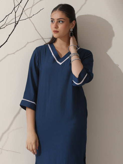 Women's Navy AirSkin V-Neck Kurta with Lace Insets & Pants | 2 Pc Set, Soft & Elegant Ethnic Co-ord, Comfortable Everyday Wear