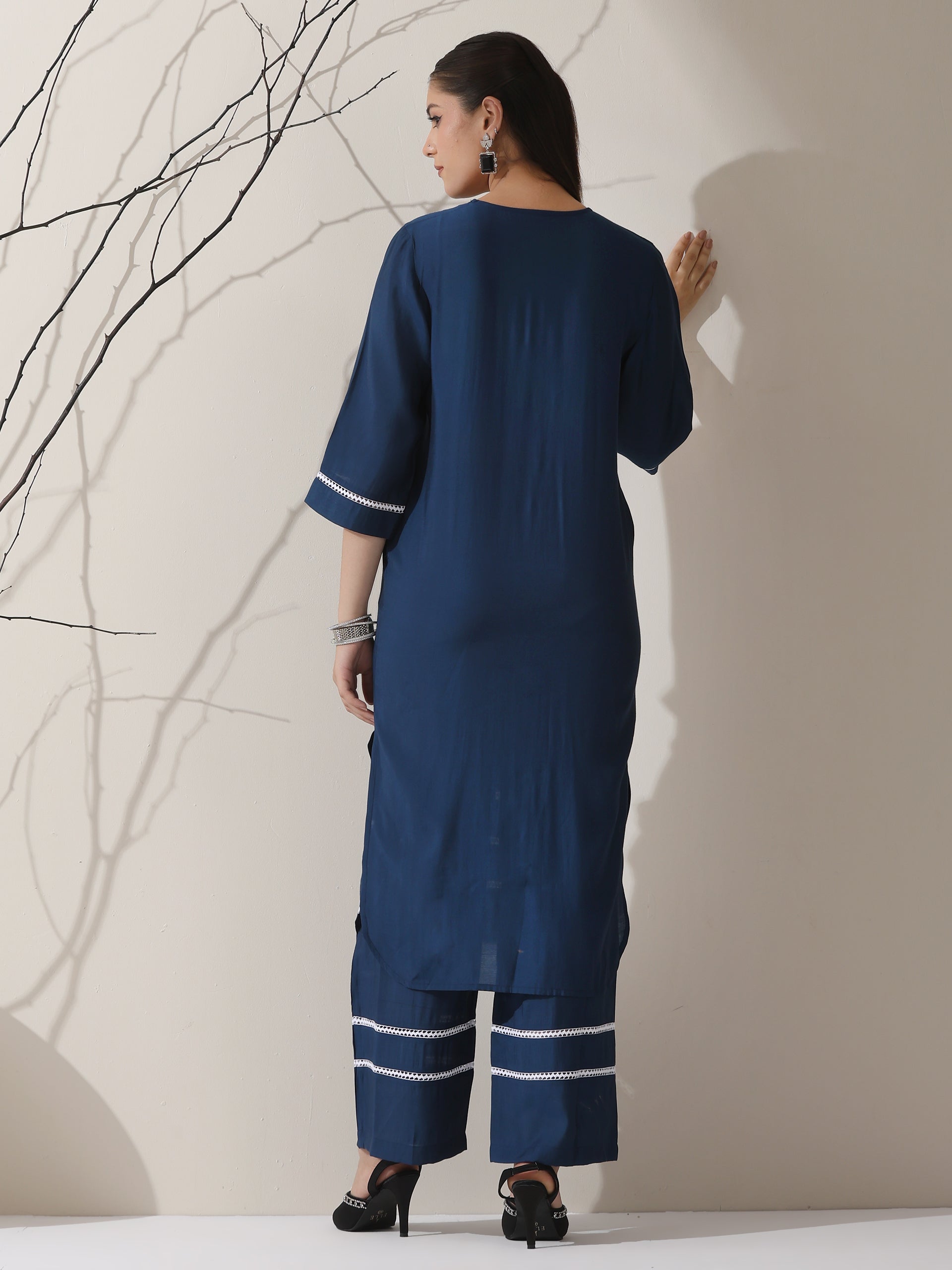 Women's Navy AirSkin V-Neck Kurta with Lace Insets & Pants | 2 Pc Set, Soft & Elegant Ethnic Co-ord, Comfortable Everyday Wear
