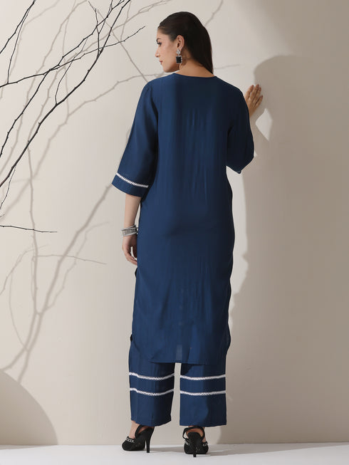 Women's Navy AirSkin V-Neck Kurta with Lace Insets & Pants | 2 Pc Set, Soft & Elegant Ethnic Co-ord, Comfortable Everyday Wear