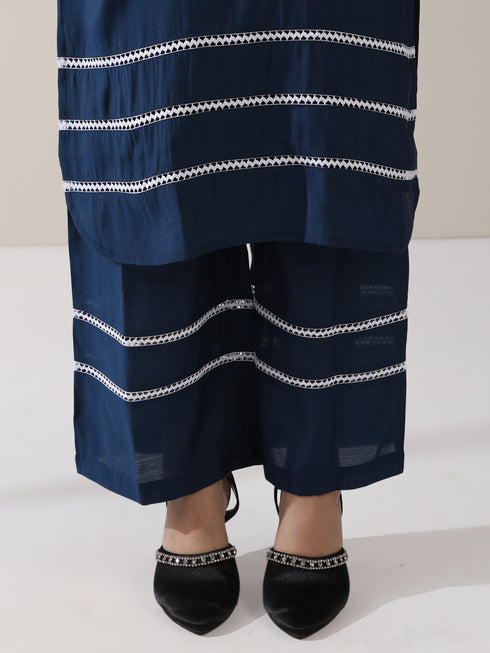 Women's Navy AirSkin V-Neck Kurta with Lace Insets & Pants | 2 Pc Set, Soft & Elegant Ethnic Co-ord, Comfortable Everyday Wear