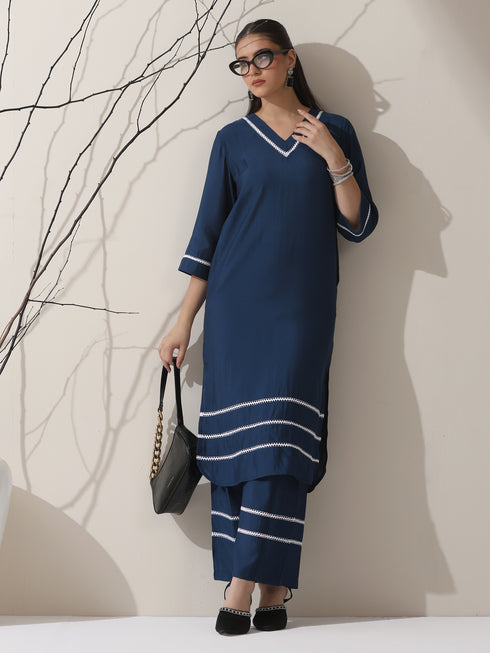 Women's Navy AirSkin V-Neck Kurta with Lace Insets & Pants | 2 Pc Set, Soft & Elegant Ethnic Co-ord, Comfortable Everyday Wear