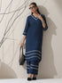 Women's Navy AirSkin V-Neck Kurta with Lace Insets & Pants | 2 Pc Set, Soft & Elegant Ethnic Co-ord, Comfortable Everyday Wear