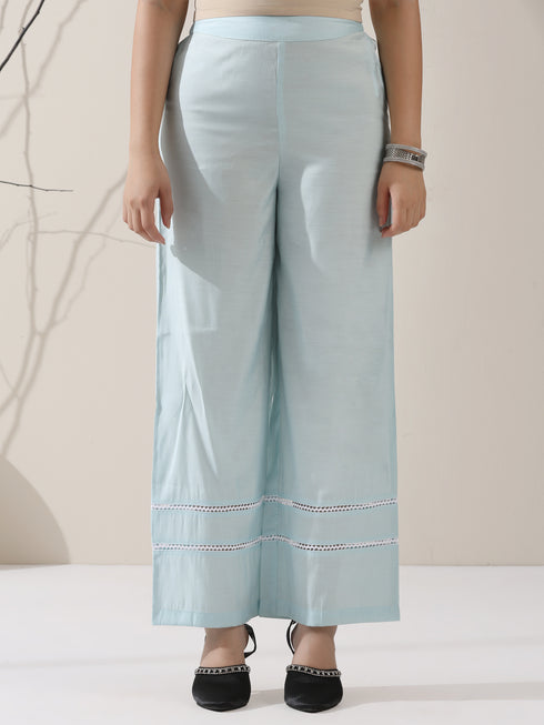 Women's Light Blue AirSkin V-Neck Kurta with Lace Insets & Pants | 2 Pc Set, Soft & Breathable Ethnic Co-ord, Elegant Summer Wear