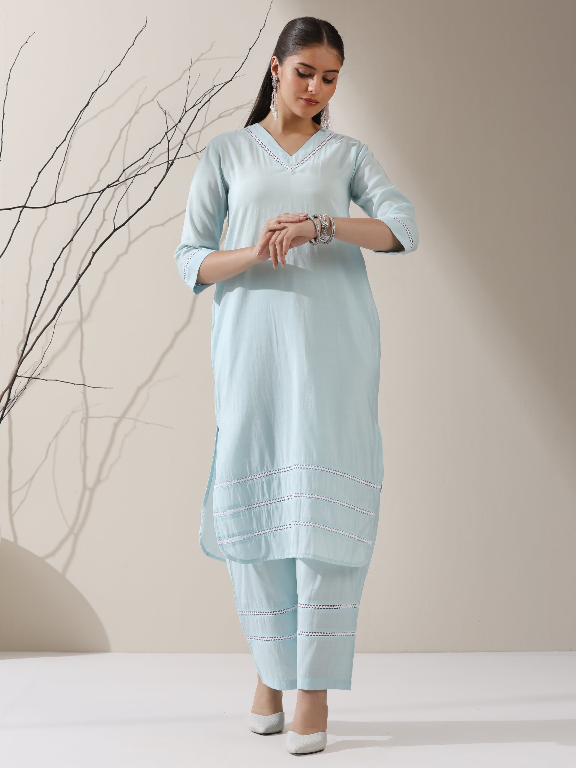 Women's Light Blue AirSkin V-Neck Kurta with Lace Insets & Pants | 2 Pc Set, Soft & Breathable Ethnic Co-ord, Elegant Summer Wear